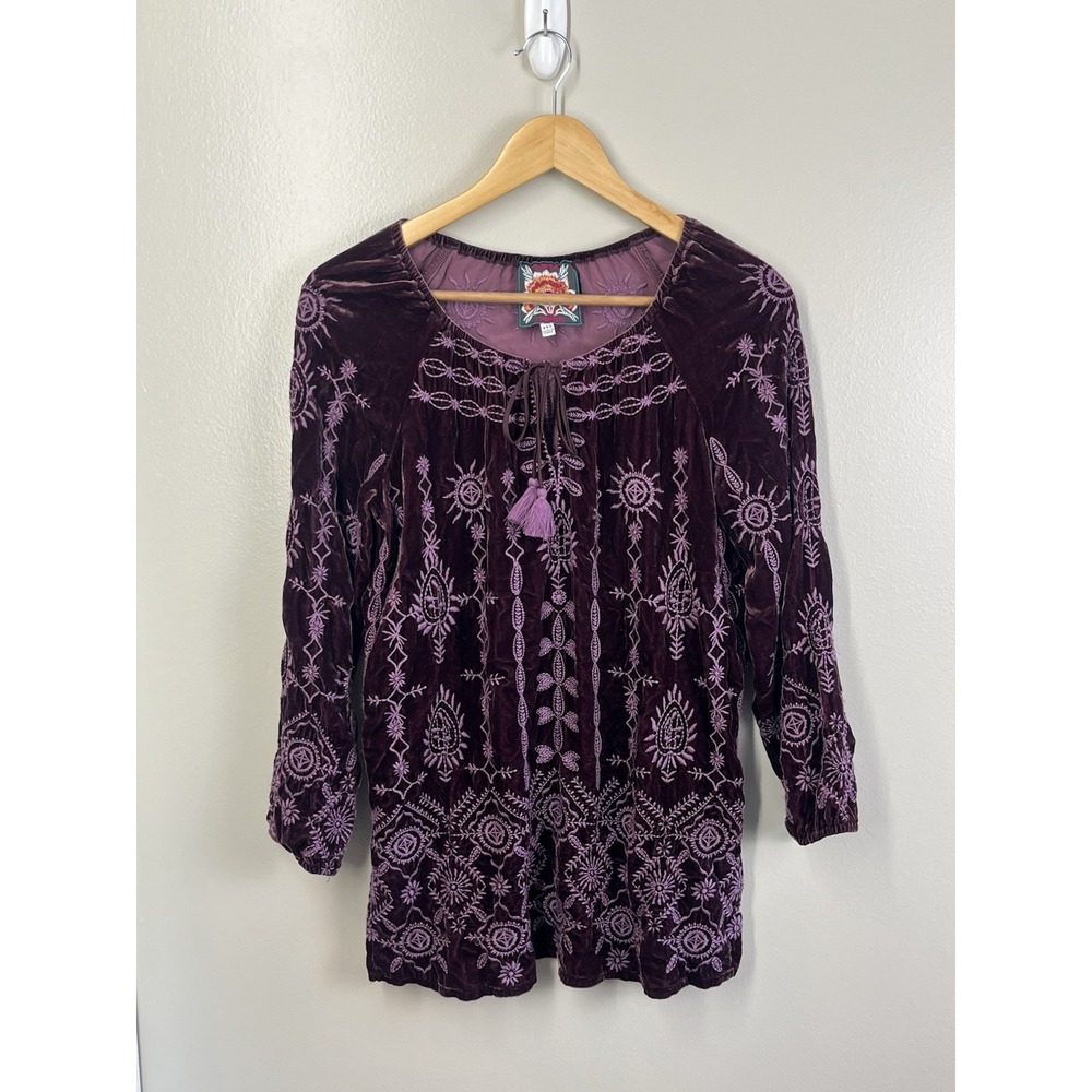 Johnny Was ALTHEA VELVET PEASANT BLOUSE in AMETHYST Sz XXS Luxury Silk Blend